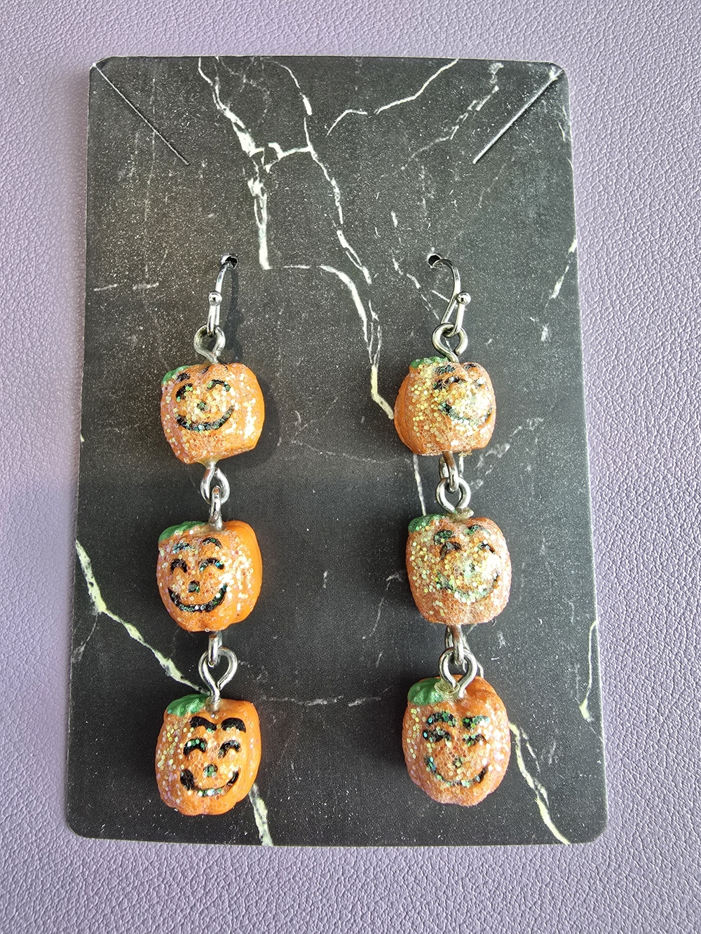 Handmade Pumpkin Dangle Earrings - Glittery Orange